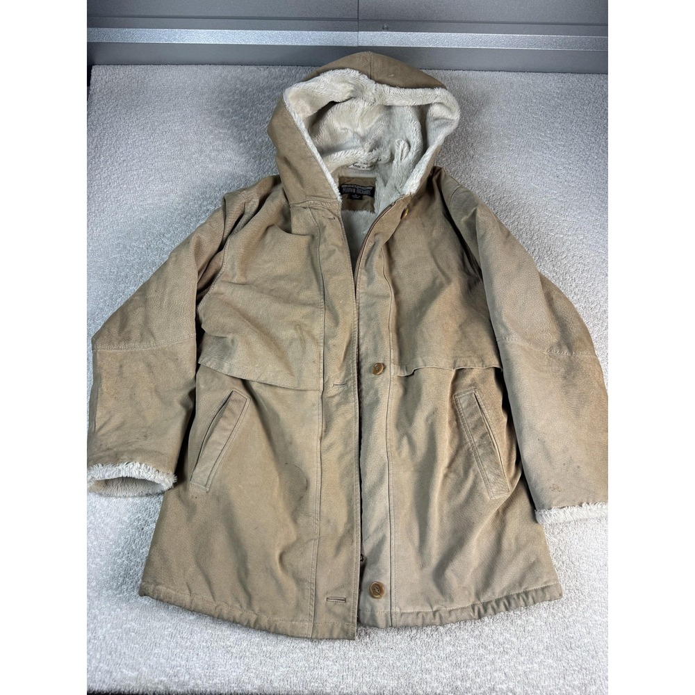 Marvin Richards Coat‎ Womens Large Beige Leather Hooded Faux Fur Lined Parka